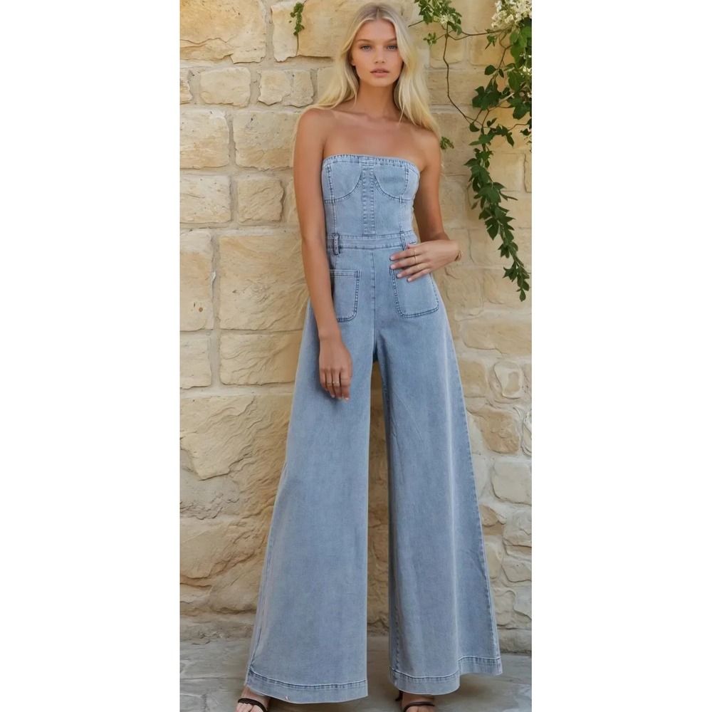 Wisteria Lane Strapless Denim Jumpsuit Wide Leg Palazzo Tube Top Y2K Medium